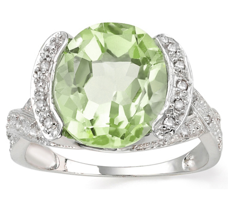 MESMERIZING 4.5 CARAT GREEN AMETHYST WITH DOUBLE GENUINE DIAMONDS PLATINUM OVER 0.925 STERLING SILVER RING