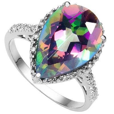 DAZZLING 4.32 CT RAINBOW MYSTIC TOPAZ DOUBLE WHITE DIAMOND 0.925 STERLING SILVER W/ PLATINUM RING