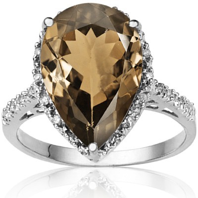 SPECIAL 4.87 CT SMOKEY TOPAZ DOUBLE WHITE DIAMOND 0.925 STERLING SILVER W/ PLATINUM RING