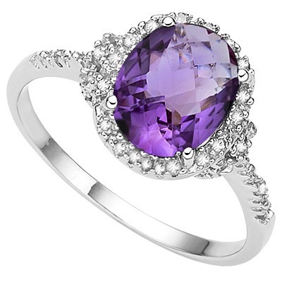 DELICATE 2.00 CT AMETHYST DOUBLE WHITE DIAMONDS 0.925 STERLING SILVER W/ PLATINUM RING