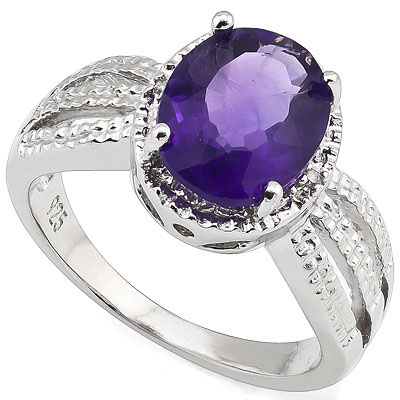 ALLURING 2.28 CARAT AMETHYST & DOUBLE GENUINE DIAMONDS PLATINUM OVER 0.925 STERLING SILVER RING