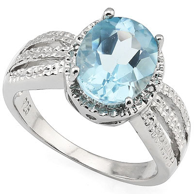 MARVELOUS 3.18 CARAT BLUE TOPAZ WITH DOUBLE GENUINE DIAMONDS PLATINUM OVER 0.925 STERLING SILVER RING