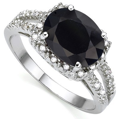 HANDSOME GENUINE BLACK SAPPHIRE DOUBLE WHITE DIAMOND 0.925 STERLING SILVER W/ PLATINUM RING