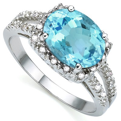 PRECIOUS SKY BLUE TOPAZ DOUBLE WHITE DIAMOND 0.925 STERLING SILVER W/ PLATINUM RING