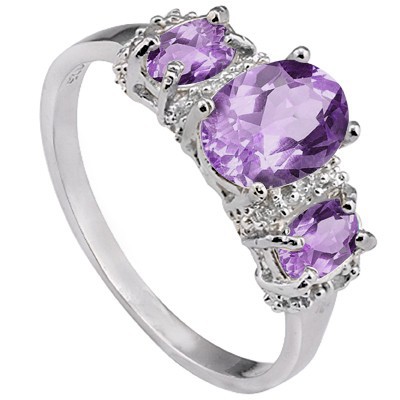 ELEGANT! TRIPLE PERFECT AMETHYST & GENUINE WHITE DIAMONDS 0.925 STERLING SILVER W/ PLATINUM RING