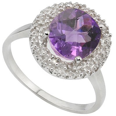 AMAZING 2.29 CT AMETHYST & DOUBLE WHITE DIAMOND 0.925 STERLING SILVER W/ PLATINUM RING