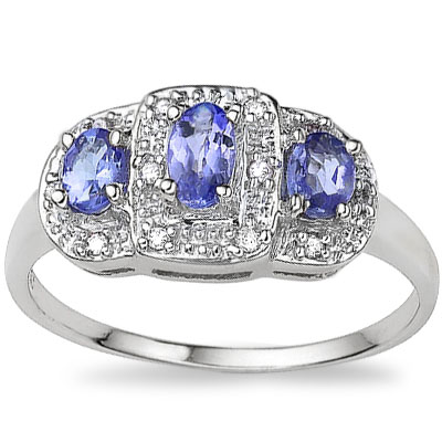 TRIPLE ROYAL GENUINE TANZANITE & GENUINE DIAMOND 0.925 STERLING SILVER RING