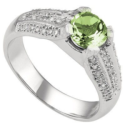 SPARKLING 1.76 CT GREEN AMETHYST & 2 PCS WHITE DIAMOND 0.925 STERLING SILVER W/ PLATINUM RING