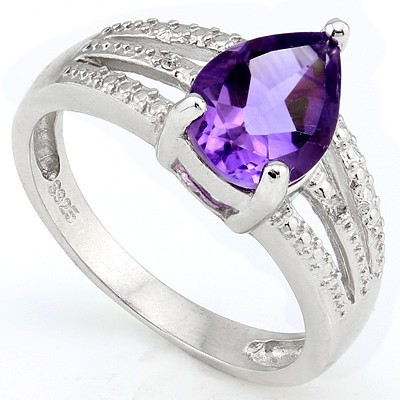 GORGEOUS 1.66 CARAT AMETHYST & DOUBLE GENUINE DIAMONDS PLATINUM OVER 0.925 STERLING SILVER RING