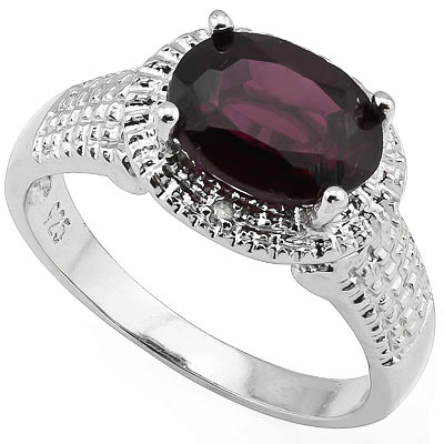 GORGEOUS 2.27 CARAT GARNET WITH DOUBLE GENUINE DIAMONDS PLATINUM OVER 0.925 STERLING SILVER RING