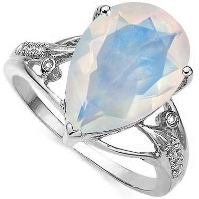 LOVELY 4.22 CT CREATED FIRE OPAL WITH DOUBLE GENUINE DIAMONDS PLATINUM OVER 0.925 STERLING SILVER RING