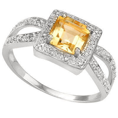 CLASSIC 0.67 CARAT TW CITRINE WITH DOUBLE GENUINE DIAMONDS PLATINUM OVER 0.925 STERLING SILVER RING