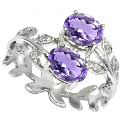 GORGEOUS 1.34 CARAT AMETHYST WITH DOUBLE GENUINE DIAMONDS PLATINUM OVER 0.925 STERLING SILVER RING