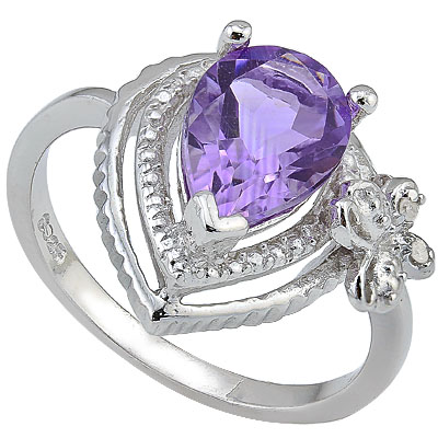 CHARMING 1.72 CT AMETHYST & 2 PCS GENUINE DIAMOND 0.925 STERLING SILVER W/ PLATINUM RING