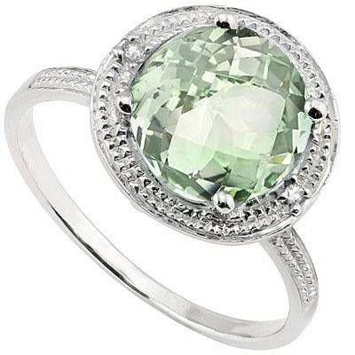 PERFECT 2.31 CT GREEN AMETHYST WITH DOUBLE GENUINE DIAMONDS PLATINUM OVER 0.925 STERLING SILVER RING