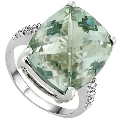 HEAVY 4.67 CT GREEN AMETHYST DOUBLE WHITE DIAMOND 0.925 STERLING SILVER W/ PLATINUM RING