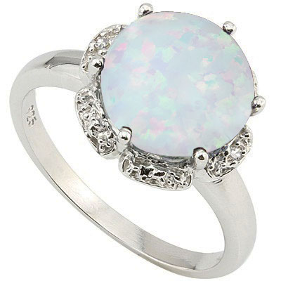 CHARMING 3.10 CARAT CREATED FIRE OPAL WITH DOUBLE GENUINE DIAMONDS PLATINUM OVER 0.925 STERLING SILVER RING