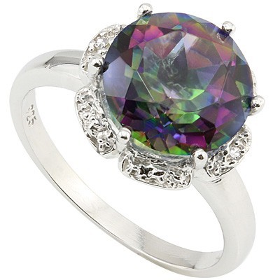 ENCHANTING 3.40 CT MYSTIC TOPAZ DOUBLE WHITE DIAMOND 0.925 STERLING SILVER W/ PLATINUM RING