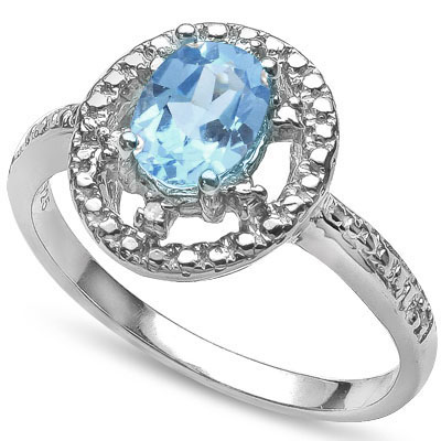 MARVELOUS 1.00 CT BLUE TOPAZ WITH DOUBLE GENUINE DIAMONDS 0.925 STERLING SILVER W/ PLATINUM RING
