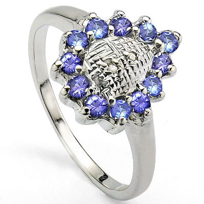 PRECIOUS 0.45 CT GENUINE TANZANITE WITH DOUBLE DIAMONDS 0.925 STERLING SILVER W/ PLATINUM RING