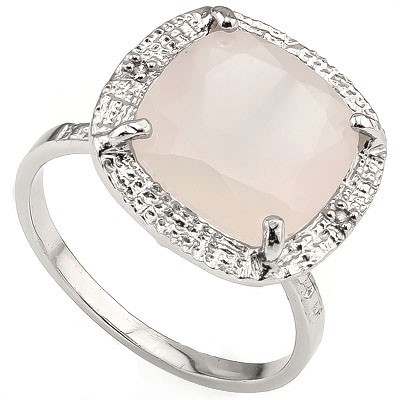 SPARKLING 6.00 CT ROSE QUARTS WITH DOUBLE DIAMONDS 0.925 STERLING SILVER W/ PLATINUM RING