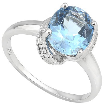GLAMOROUS 3 CT BLUE TOPAZ & DOUBLE WHITE DIAMOND 0.925 STERLING SILVER W/ PLATINUM RING
