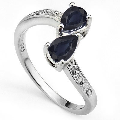 ALLURING 1.04 CT GENUINE BLACK SAPPHIRE WITH DOUBLE DIAMONDS 0.925 STERLING SILVER W/ PLATINUM RING