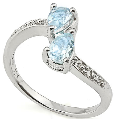 CAPTIVATING 0.94 CARAT BLUE TOPAZ WITH DOUBLE GENUINE DIAMONDS PLATINUM OVER 0.925 STERLING SILVER RING