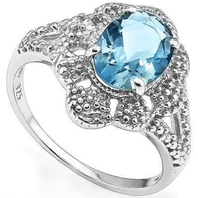 BEAUTIFUL 2.20 CT BLUE TOPAZ WITH DOUBLE GENUINE DIAMONDS 0.925 STERLING SILVER W/ PLATINUM RING