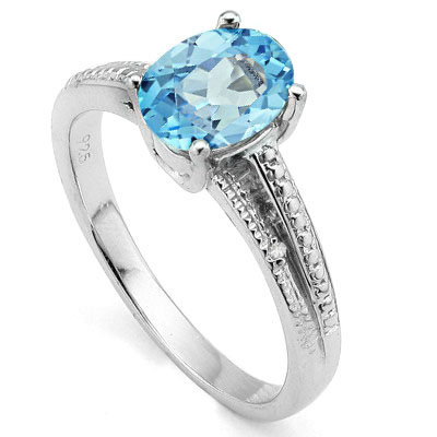 CAPTIVATING 1.65 CT BLUE TOPAZ WITH DOUBLE GENUINE DIAMONDS 0.925 STERLING SILVER W/ PLATINUM RING