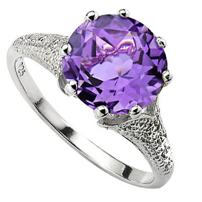 SMASHING 3.34 CT AMETHYST WITH DOUBLE GENUINE DIAMONDS 0.925 STERLING SILVER W/ PLATINUM RING