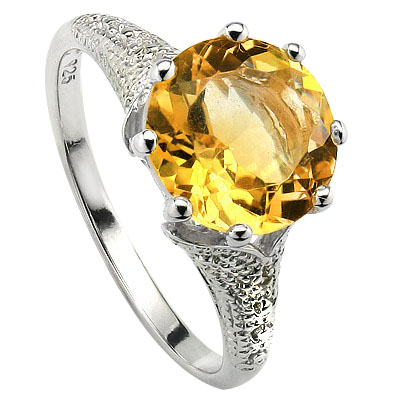 ELITE 3.40 CT CITRINE WITH DOUBLE DIAMONDS 0.925 STERLING SILVER W/ PLATINUM RING