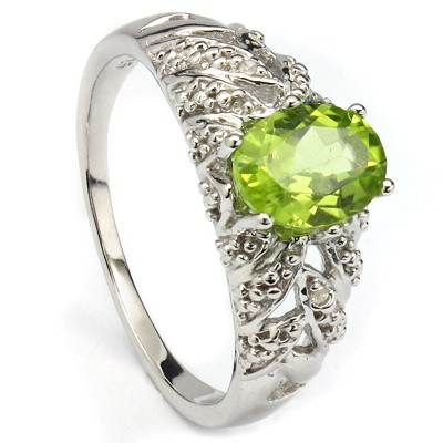 MARVELOUS 1.30 CT PERIDOT WITH DOUBLE DIAMONDS 0.925 STERLING SILVER W/ PLATINUM RING