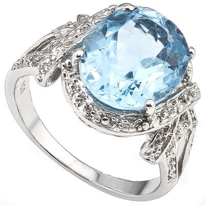 PERFECT 5.60 CT BLUE TOPAZ WITH DOUBLE GENUINE DIAMONDS 0.925 STERLING SILVER W/ PLATINUM RING