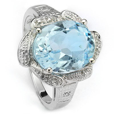 PRECIOUS 5.60 CT BLUE TOPAZ WITH DOUBLE GENUINE DIAMONDS 0.925 STERLING SILVER W/ PLATINUM RING