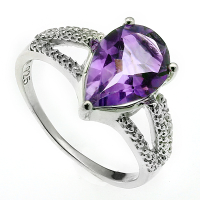 MAGNIFICENT 2.50 CARAT AMETHYST WITH DOUBLE GENUINE DIAMONDS PLATINUM OVER 0.925 STERLING SILVER RING