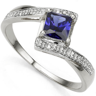 BRILLIANT 1.11 CARAT LAB TANZANITE & DOUBLE GENUINE DIAMONDS PLATINUM OVER 0.925 STERLING SILVER RING