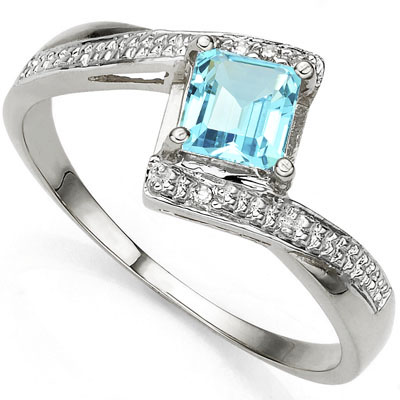 ASTONISHING 0.84 CARAT BLUE TOPAZ WITH DOUBLE GENUINE DIAMONDS PLATINUM OVER 0.925 STERLING SILVER RING
