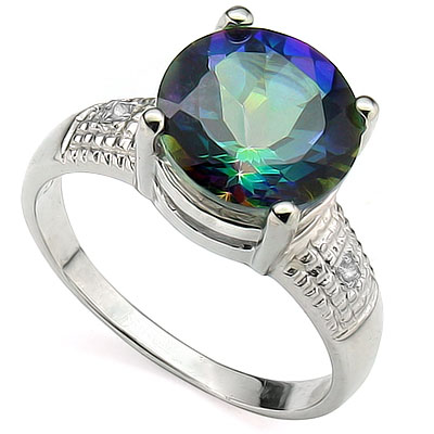 SPARKLING 3.21 CT BLUE MYSTIC GEMSTONE WITH DOUBLE GENUINE DIAMONDS PLATINUM OVER 0.925 STERLING SILVER RING