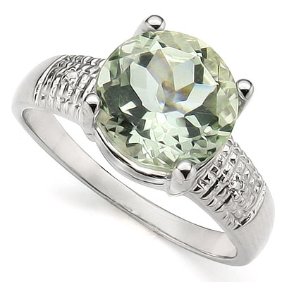 CHARMING 3.34 CT GREEN AMETHYST WITH DOUBLE GENUINE DIAMONDS PLATINUM OVER 0.925 STERLING SILVER RING