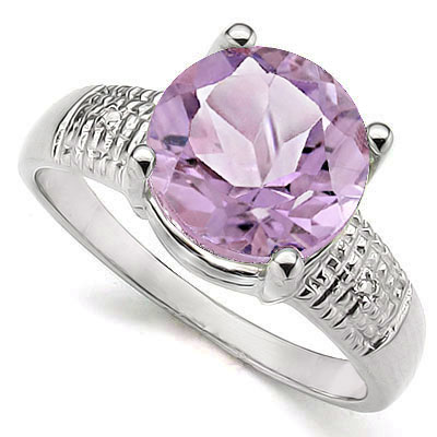 MARVELOUS 3.33 CT PINK AMETHYST WITH DOUBLE GENUINE DIAMONDS PLATINUM OVER 0.925 STERLING SILVER RING