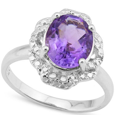 MARVELOUS 2.30 CARAT AMETHYST WITH GENUINE DIAMONDS PLATINUM OVER 0.925 STERLING SILVER RING