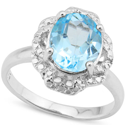 PRETTY 3.25 CARAT BLUE TOPAZ WITH GENUINE DIAMONDS PLATINUM OVER 0.925 STERLING SILVER RING