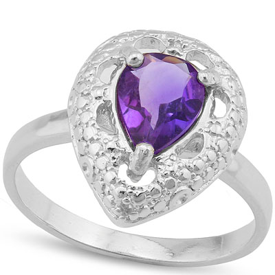 ALLURING 1.00 CARAT AMETHYST WITH GENUINE DIAMONDS PLATINUM OVER 0.925 STERLING SILVER RING