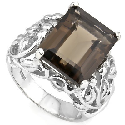 PRETTY 10.34 CARAT SMOKEY TOPAZ PLATINUM OVER 0.925 STERLING SILVER RING