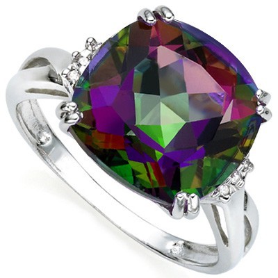HUGE 6.80 CT MYSTIC TOPAZ DOUBLE WHITE DIAMOND 0.925 STERLING SILVER W/ PLATINUM RING