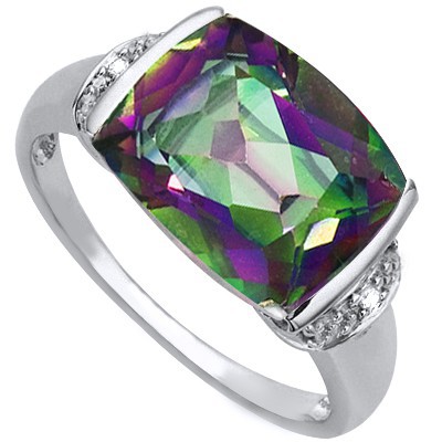 MAGICAL RAINBOW 5.15 CT MYSTIC GEMSTONE DOUBLE GENUINE DIAMONDS 0.925 STERLING SILVER W/ PLATINUM RING