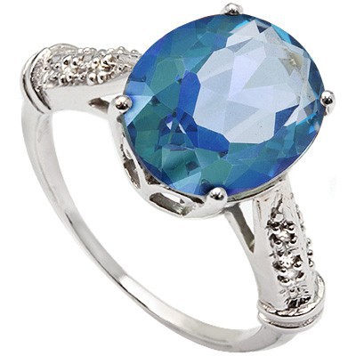 GLISTENING 3.98 CT BLUE MYSTIC TOPAZ DOUBLE WHITE DIAMOND 0.925 STERLING SILVER W/ PLATINUM RING