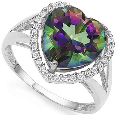 RAINBOW HEART! 2.96 CT MYSTIC TOPAZ DOUBLE WHITE DIAMOND 0.925 STERLING SILVER W/ PLATINUM RING
