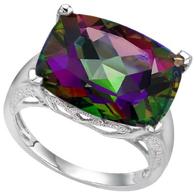 BREATHTAKING 9 CT MYSTIC TOPAZ DOUBLE WHITE DIAMOND 0.925 STERLING SILVER W/ PLATINUM RING